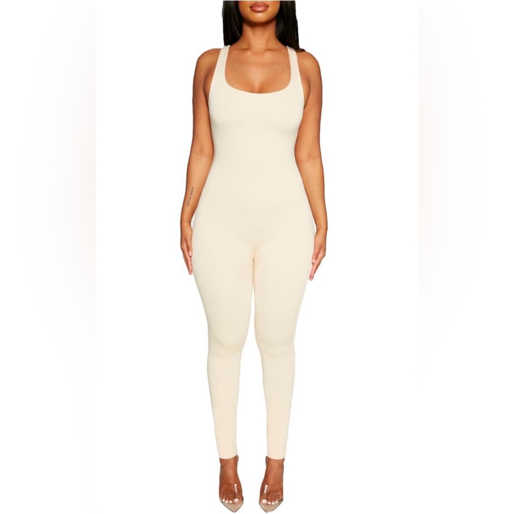 naked wardrobe Cream Scoop Neck Ribbed Jumpsuit